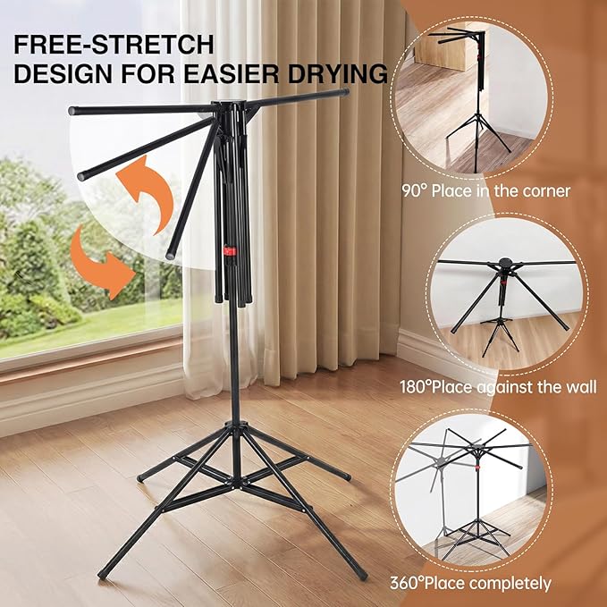 4-Leg Clothes Drying Rack with 6 Adjustable Poles, 20 Windproof Hooks and 2 Sock Clips Foldable Laundry Drying Rack, Space-Saving Indoor/Outdoor Clothes No-Installation Drying Stand, Black