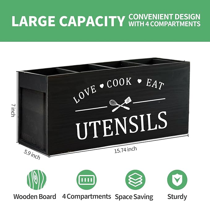 Extra Large Kitchen Utensils Holder with 4 Compartments, Wooden Storage Utensil Holder Organizer for Counter or Countertop, Farmhouse Decor, Rustic Cooking Utensil Kitchen Tool