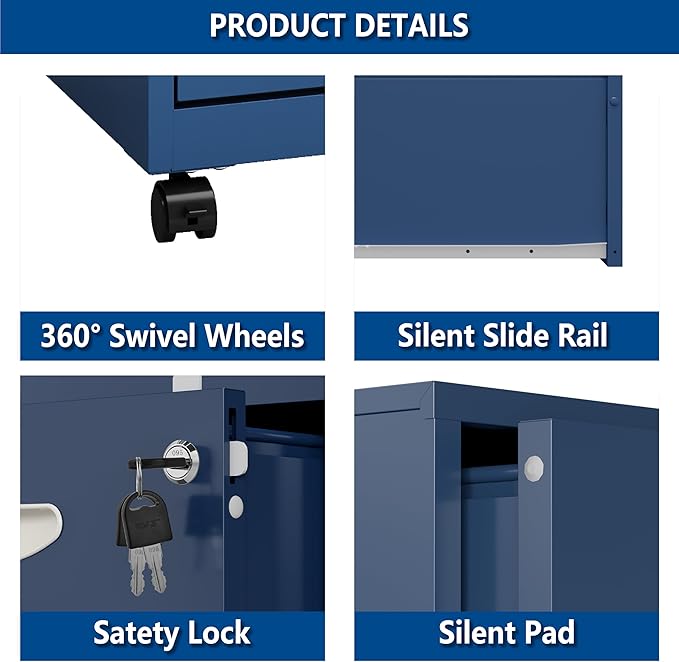 2 Drawer File Cabinet with Lock, Small Rolling Filing Cabinet for Home Office, Metal Mobile File Cabinets on Wheels, Blue Office Cabinets for Letter Size Folders - Assembly Required