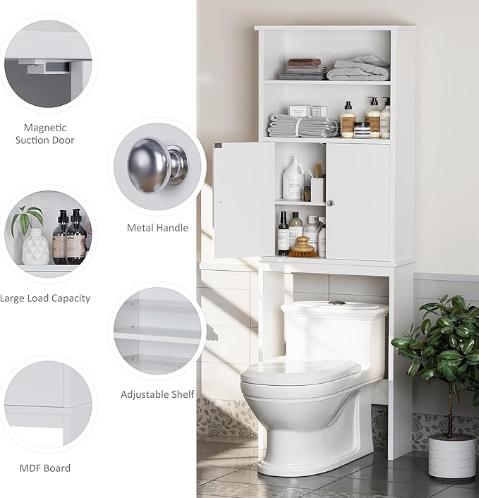 Meilocar Extra Tall Over The Toilet Storage Cabinet for Bathroom, 75in Storage Organizer Over Toilet with Adjustable Shelf, Space Saver with Open Shelf, White