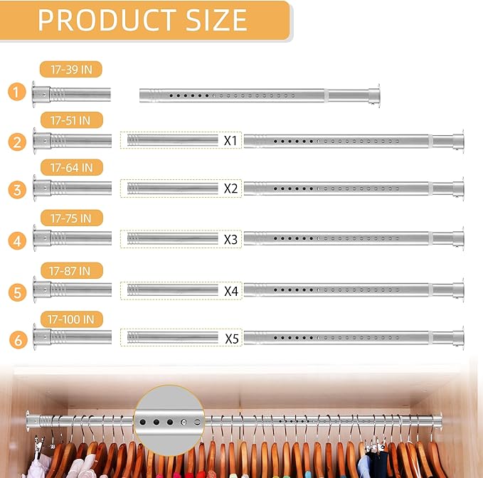 1.3 Inch Diameter Closet Rods for Hanging Clothes 17-100 Inch Adjustable, Metal Heavy Duty Closet Pole, Silver Closet Bar for Hanging Clothes, Suitable for Closet, Wardrobes, Bathroom, Windows
