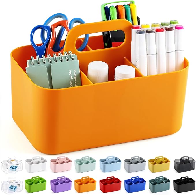 Multiuse Caddy Organizer with Handle, Stackable Plastic Tote Bin - Art Craft Supplies, Office, Desk, Stationery Pen Holder, Kitchen, Utensil, Makeup, Bathroom, Shower, Cleaning, Dorm Organizer, Orange