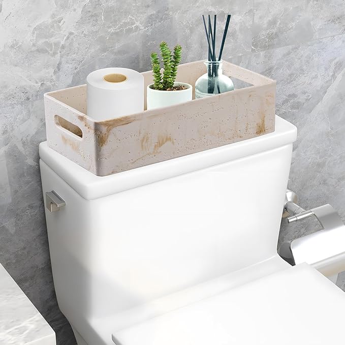 Beige Natural Travertine Textures Roll Toilet Paper Storage Basket with Handle for Bathroom Countertop, Toilet Tank Top Decorative Storage Bin, Resin Small Shelf Basket for Organizing, Heavy & Sturdy