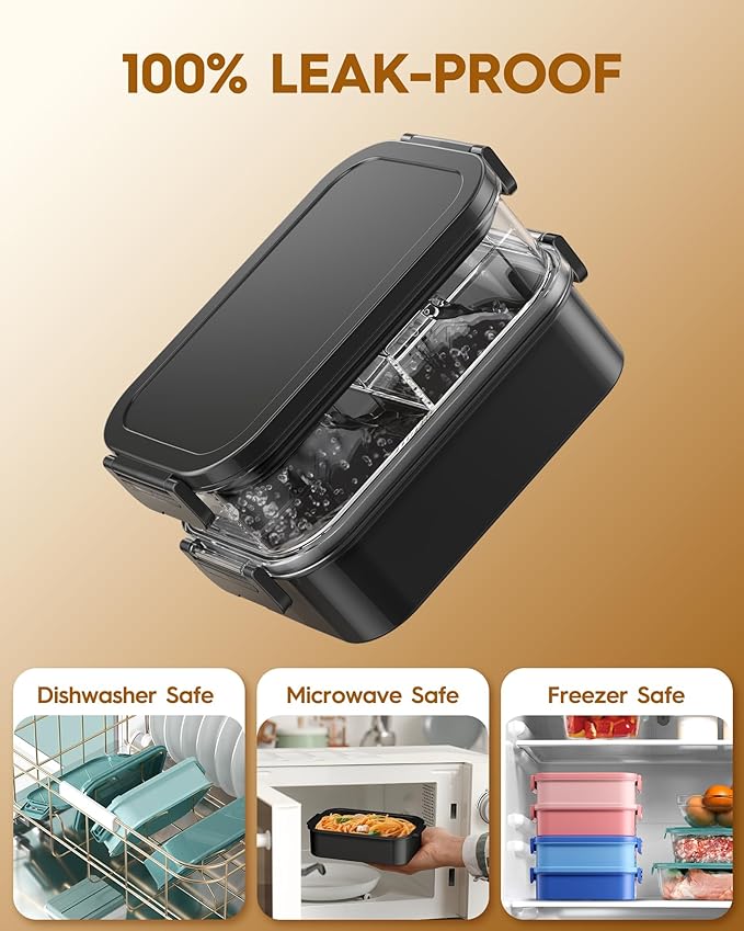 Adults Bento Lunch Box Set with Thermo Bag, 74oz Stackable Leak-proof 3-tiers Bento Box, Built-in Utensil and Sauce Container for Work, School, Dining Out (Black)