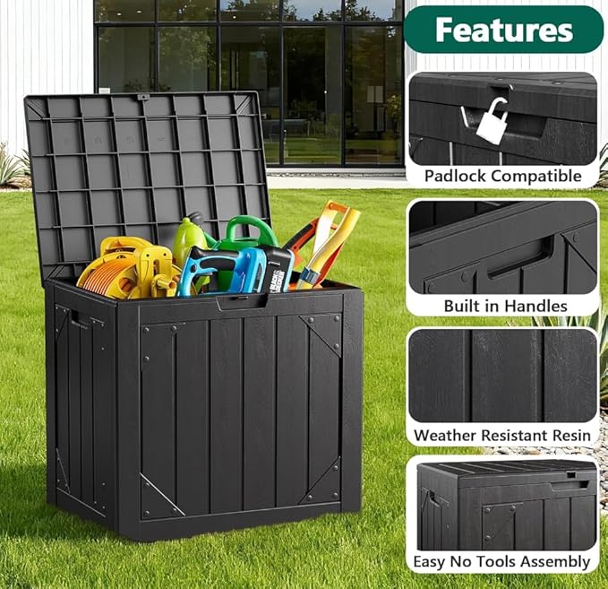 Outdoor Storage Box - 31 Gallon Waterproof Resin Deck Box, Lockable Patio Storage Bench for Package Delivery, Cushions & Garden Tools, UV Resistant (Black, 31 Gal)