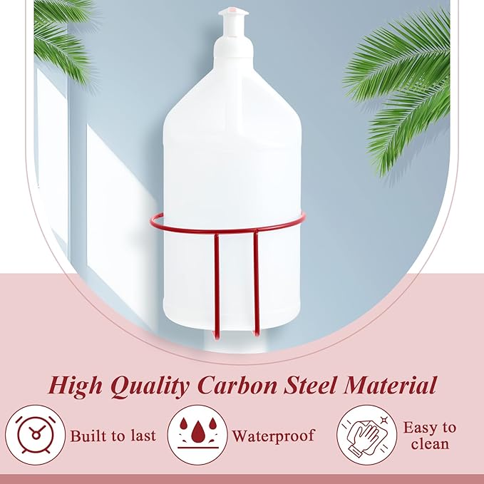 Hicarer 2 Pcs One Gallon Jug Storage Rack Wall Mounted Heavy Duty Steel Wall Rack for 1 Gallon Bottle Round Water Jug Holder with Hardware Hand Sanitizer 6-3/4" W x 5" H x 6-1/2" D (Red)