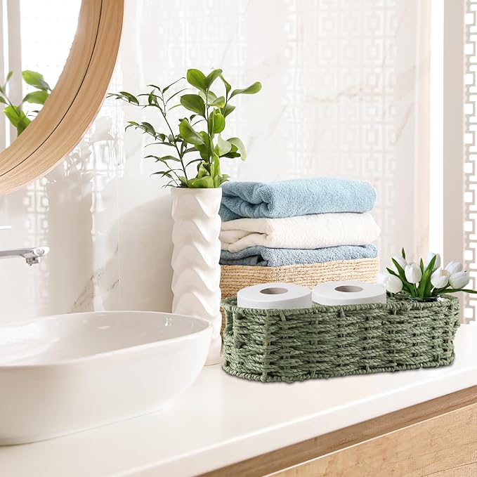 Over the Toilet Paper Organizer,Woven Wicker Storage Basket with Handle for Toilet Tank Top,3-Compartment Rope Toilets Paper Tray Organizer for Bedroom Living Room,Bathroom Toilets Roll Holder