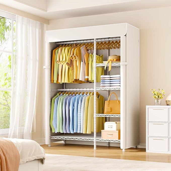 F2C Clothes Rack with Cover, Clothing Racks for Hanging Clothes, Heavy Duty Garment Rack with Shelves and Hanger Rods, White Closet with Beige Cover, 47.2" W x 16.5" D x 78.3" H, Load 630lbs