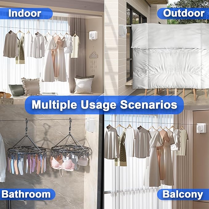 Retractable Clothesline Indoor & Outdoor, 16.2 Ft Non-Sagging Stainless Steel Laundry Washing Line with Wall Mounted Heavy Duty Design, Space-Saving Clothing Drying Rack (1, White)