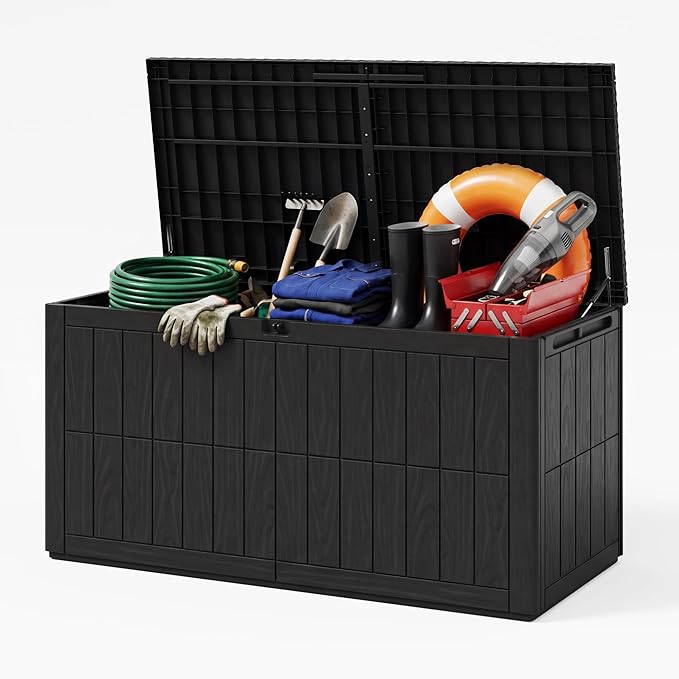 UDPATIO 100 Gallon Deck Box, Outdoor Storage Box Lockable Waterproof Resin, Indoor Outdoor Storage Container for Patio Cushions, Garden Tools,Package Delivery Boxes for outside