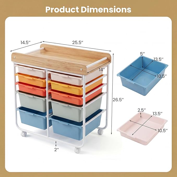 GOFLAME 10-Drawer Rolling Storage Cart, Craft Storage Cart with Wooden Tabletop, Lockable Wheels & Handles, Art Cart Supply Storage Organizer with Metal Frame for Home Office Classroom, Macaron Color