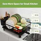 Dish Drainer Rack with Drip Tray, Sink Dish Drainer with Drainage Spout, Stainless Steel Dish Drying Rack with Cups, Utensil & Cutting Board Holders for Kitchen Counter Space-Saving, Black