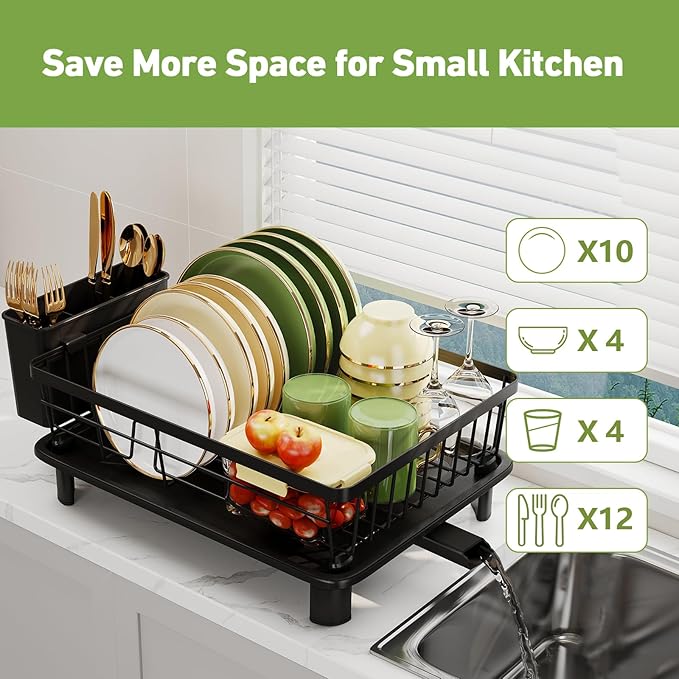 Dish Drainer Rack with Drip Tray, Sink Dish Drainer with Drainage Spout, Stainless Steel Dish Drying Rack with Cups, Utensil & Cutting Board Holders for Kitchen Counter Space-Saving, Black