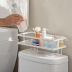 ShellKingdom Over The Toilet Storage Shelf, Toilet Paper Holder Stand Shelves, Punch-Free Bathroom Storage Rack with 2 Hooks, Small Space Organizers for Bathroom, Home, Countertop, White