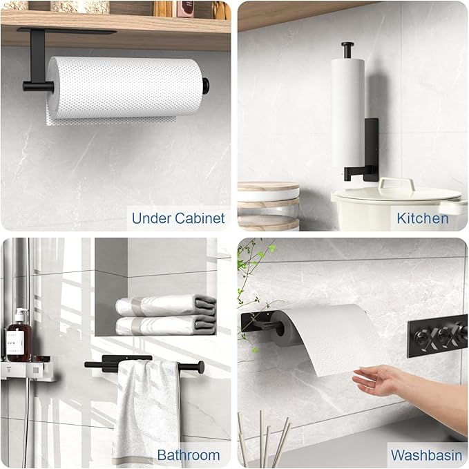 Paper Towel Holder Under Cabinet 2 Pack, Upgraded Self Adhesive Paper Towel Holder Wall Mount for Kitchen, Bathroom, RV, Bend-Resistant, Self-Adhesive or Drill mounting