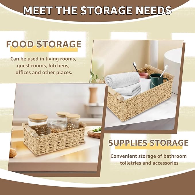4PCS Toilet Paper Basket Decorative Woven Basket with Wood Handle Multipurpose Toilet Paper Bin for Home Bathroom Living Room Office