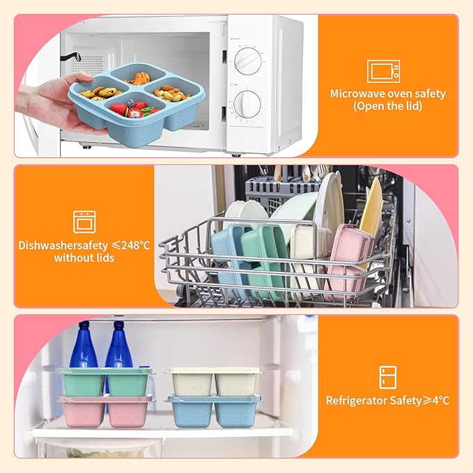 Bento Snack Boxes (4 Pack)- Reusable 4-Compartment Meal Prep Containers for Kids and Adults, Perfect Food Storage School, Compact Stackable (Wheat(Green/Blue/PK/Beige))