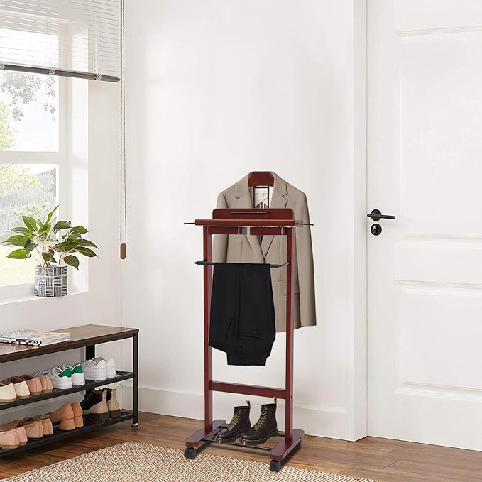Suit Valet Stand | Valet Stand for Man and Women | Wooden Valet Stand with Drawer | Freestanding Clothes Rack | Contour Hanger | Top Tray | Trouser Bar | Tie & Belt Hooks | Bottom Shoe Rack