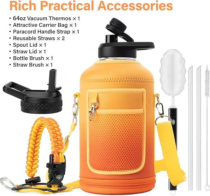 64 oz Insulated Water Bottle | Upgraded Thickened Stainless Steel Water Jug for Hiking with Straw, Carrier Bag, Handle Strap | BPA-Free 64 oz