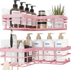 Corner Shower Caddy - 2 Pack, Adhesive Shower Organizers, Rustproof Stainless Steel Shower Shelves with 8 Hooks, No Drilling Bathroom Organizers and Storage Racks, Space-Saving, Pink, X-Large