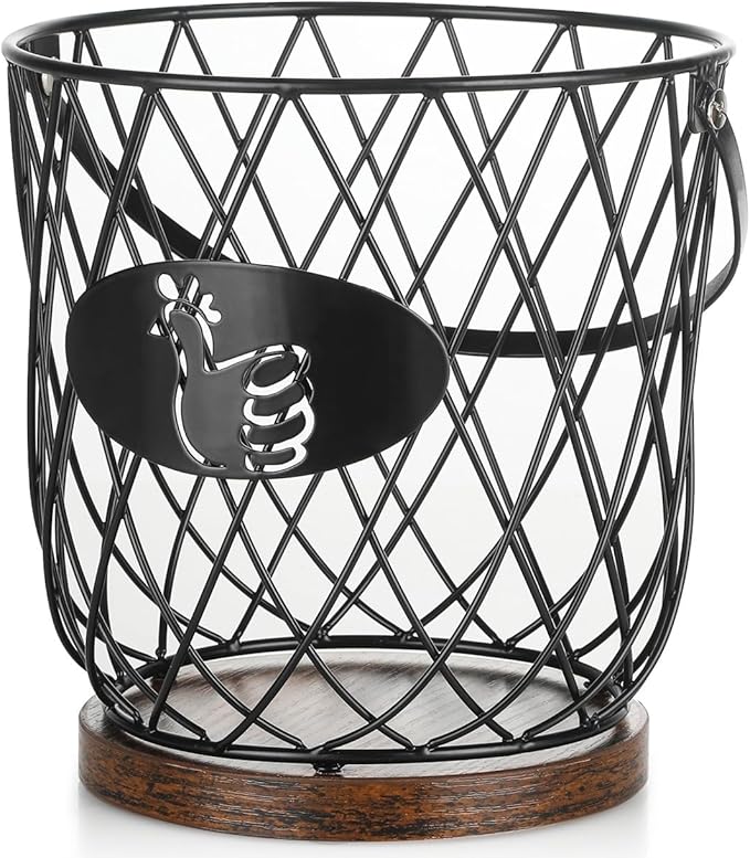 Egg Basket for Gathering Fresh Eggs, Round Egg Collecting Basket with Handle, Egg Holder Countertop Decor & K-Cup Organizer (Metal)