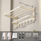 VOLDRA Towel Racks for Bathroom, 24-Inch Towel Shelf with Towel Bar Foldable Towel Holder with 7 Hooks Towel Storage Organizer for Bathroom & Lavatory Wall Mounted(Cream White)