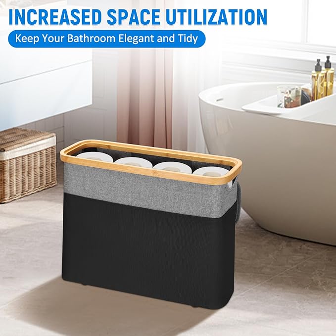 TACGEA Toilet Paper Storage Basket, Toilet Paper Container with Lid, Bathroom Organizer Hold up to 9 Mega Rolls or 12 Regular Rolls, Gray and Black