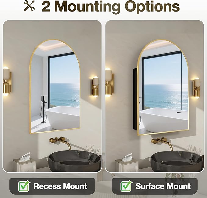 Arched Medicine Cabinet Mirror No Assembly Needed Bathroom Mirror with Storage Recessed or Surface Mount Options (Gold, 36" L x 24" W)