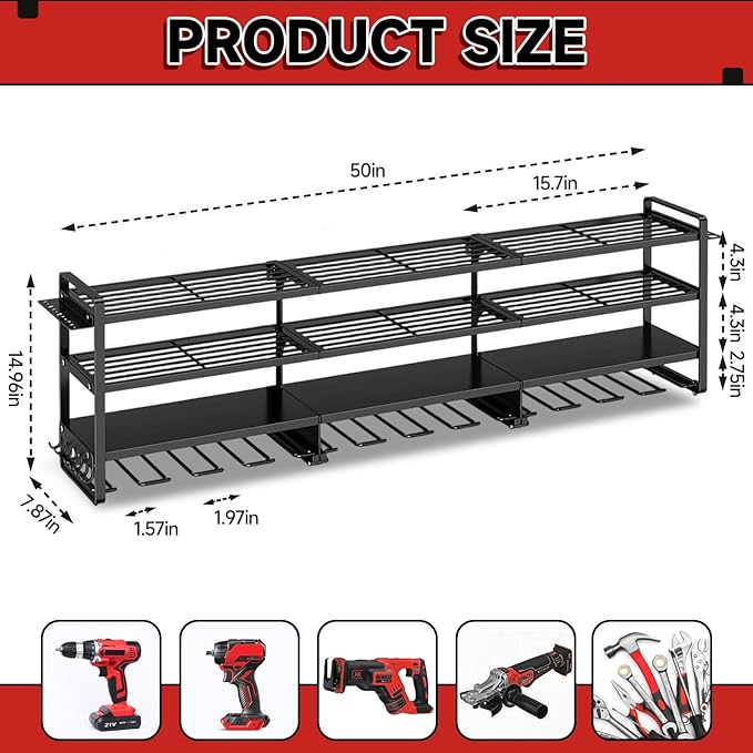 50" W Large Power Tool Organizer Wall Mount, Load 600lbs, 4 Layer Heavy Duty 12 Cordless Drills Holder, Battery Tool Storage Rack for Workbench, Workbench,Garage,Shed