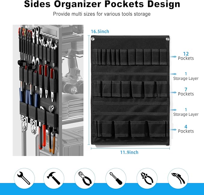 JUNNUJ Large Power Tool Organizer Cart with Charging Station, Garage Floor Standing Rolling Drill and Tools Battery Storage Cart on Wheels, Heavy Duty Rack Shelf with 8 Outlet Power Strip, Black