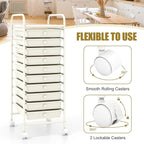 GOFLAME 10-Drawer Rolling Storage Drawer Cart, Utility Cart with Removable Drawers & Metal Frame, Mobile Art Craft Drawer Cart with Lockable Wheels for Home, Office, Studio, School, White