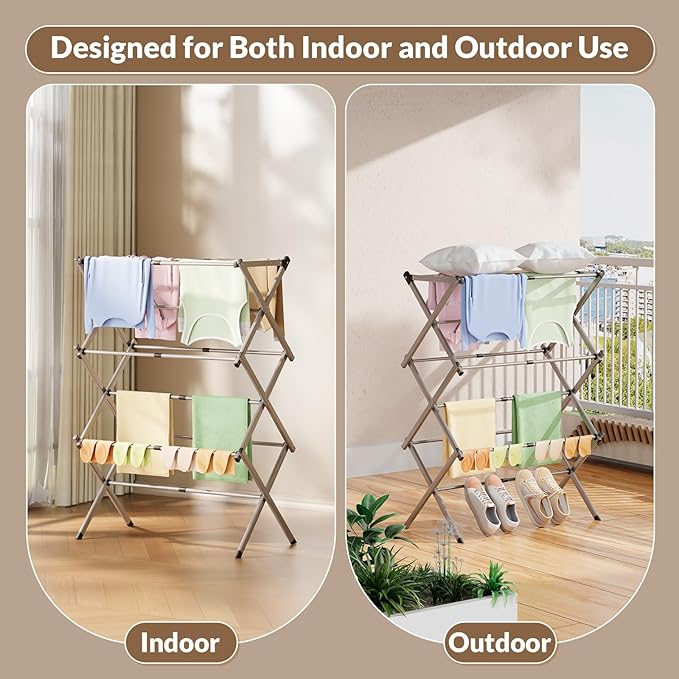 Collapsible Floor Drying Rack - Free Standing Accordion Laundry Dryer, Retractable Metal Clothes Hanger with Shoe Storage, Heavy Duty Rustproof Airer for Bathroom, Balcony & Delicates