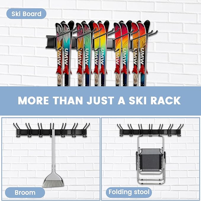 Ski Rack Wall Mount - Ski Holders for Wall Heavy Duty 10 Pairs of Snowboard Storage Indoor Holds Up to 300lbs for Garage Organization Home Shed