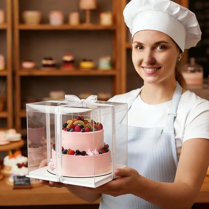6 Pcs Clear Cake Box with Ribbon 2-Layer 10x10x10 Inch, Transparent Cake Carrier Box with Lids, PET Tall Cake Packaging Boxes, Clear Gift Boxes for Mother's Day Birthday Wedding Festival Party