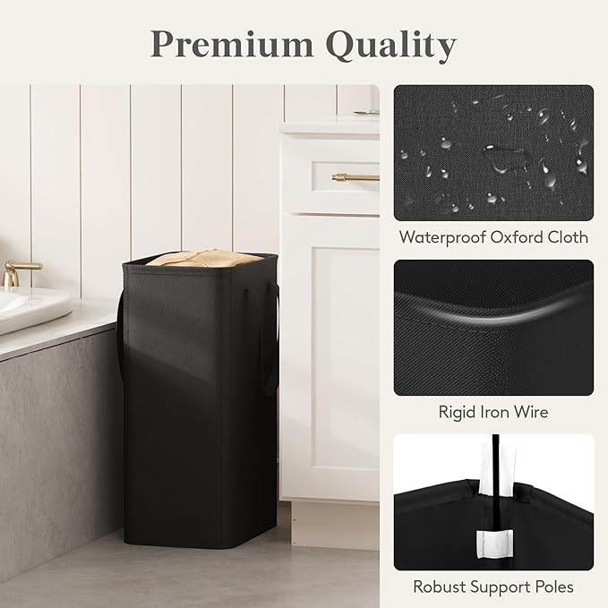 Lifewit 50L Slim Laundry Hamper, Narrow Small Laundry Basket with Handle for Dirty Clothes, Collapsible Tall Thin Laundry Bin for Bathroom Bedroom Dorm College, Black