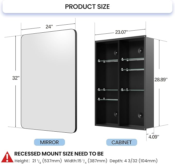 Large Bathroom Medicine Cabinet 24x32 Inch, Oversized Mirror with Storage, Heavy Duty Aluminum Construction, 6 Tempered Glass Shelves, Rust Proof Master Bath Organizer, Matte Black