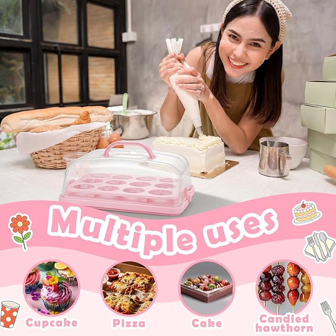 14.7 x 10.9 x 5.9 Inch Rectangle Cake Carrier with Lid and Handle Includes Cupcake Pie Holders Large Waterproof Portable Insulated Bag Pink Cake Carrier with Insert for Secure Dessert Delivery