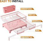 Dish Drying Rack - Expandable Rack, Large Capacity Dish Drainer for Kitchen Counter, Rust-Proof with Utensil Holder, Pink