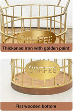Coffee Pods Holder for Countertop, K Cup Holder Organizer, Sturdy Kcup Storage Basket with Wooden Base , Pod Container For Kitchen Bar Counter Office Desktop (Gold)