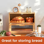 GHWIE Double Layer Bamboo Bread Box for Kitchen Counter,Large Capacity Bread Storage Bin,Bread Container with Acrylic Wavy Door Panel (Natural, Medium)