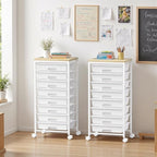 Rolling Cart with 8 Drawers, Plastic Drawer Storage Carts with Wheels & Wooden Tabletop, Metal Utility Cart Organizer for Bedroom Living Room Office Classroom Craft Organization and Storage, White