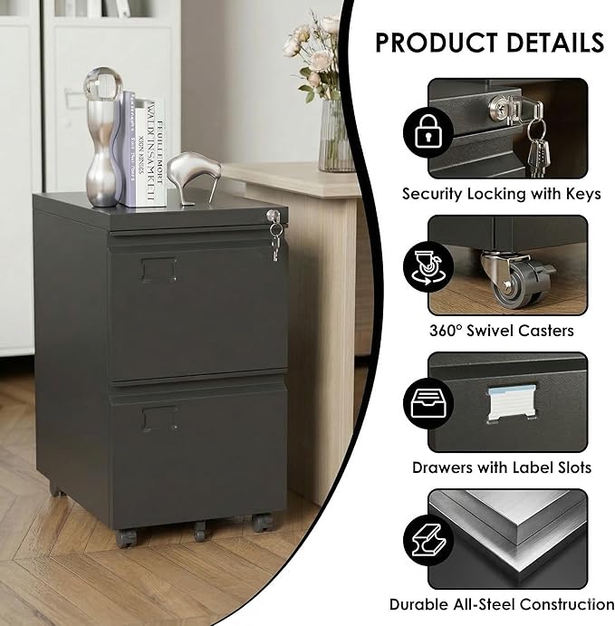 2 Drawer File Cabinet with Lock, Heavy-Duty Metal Rolling Filing Cabinet for Home Office, Under Desk Printer Stand with 5 Wheels, Required Assembly with Video Guide, Fits Letter/Legal Size, Black