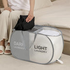 TECHMILLY Collapsible Laundry Basket Durable Pop Up Hamper with 2 Compartments for Sort and Storage, Portable Dirty Clothes Hamper for Dorm, Laundry Room or Travel (Grey + Begie)