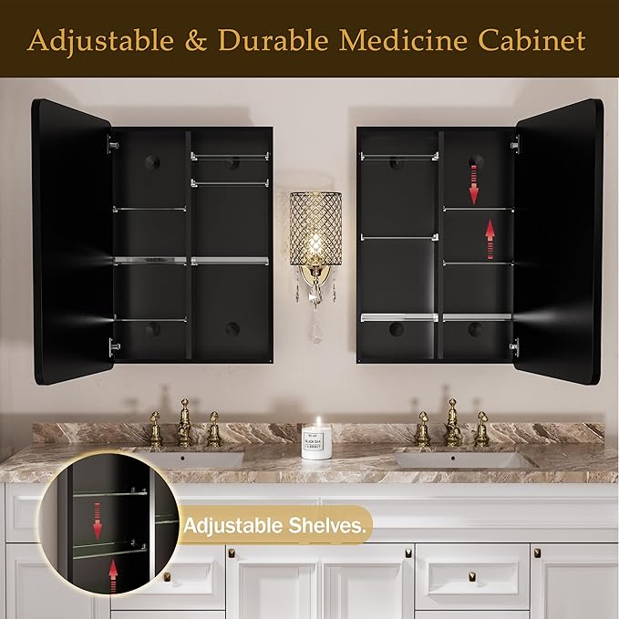 Medicine Cabinet with Mirror 20x26 Inch, Black Aluminum Bathroom Mirror Cabinet with Storage, 8 Adjustable Shelves Including 2 Anti-Tip Acrylic Boards, Recessed or Surface Mount, Soft Close