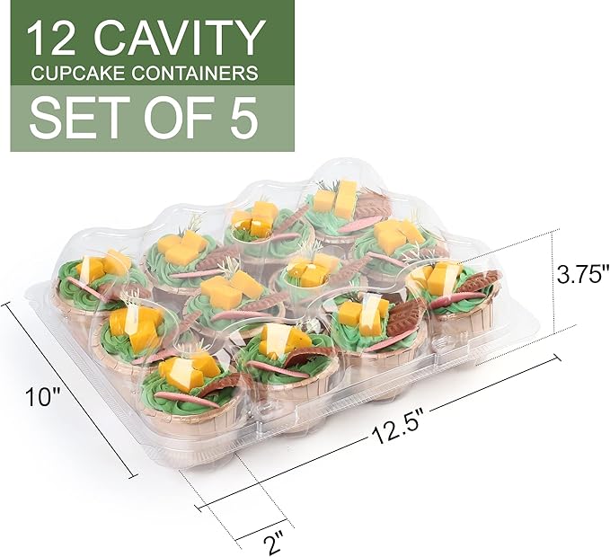 LotFancy (12 Count x 5 Sets) Cupcake Containers with 60 Liners, Plastic Stackable Cupcake Boxes, Disposable Muffin Holder with Detachable Tall Dome Lid, BPA Free, Clear Cupcake Carrier, Standard Size