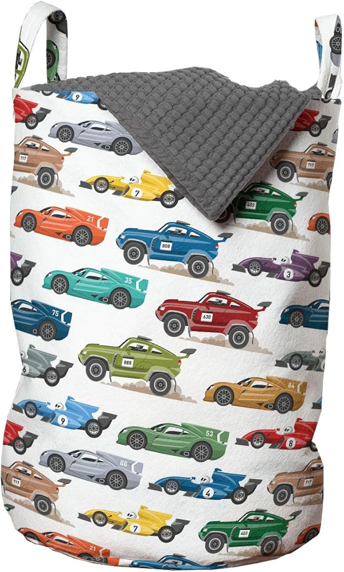 Ambesonne Race Car Laundry Bag Pack of 2, Diagonally Arranged Colorful Various Vehicles Speeding Uphill on a Plain Backdrop, Hamper Basket with Handles Drawstring Closure, 13" x 19", Green Red