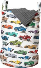 Ambesonne Race Car Laundry Bag Pack of 2, Diagonally Arranged Colorful Various Vehicles Speeding Uphill on a Plain Backdrop, Hamper Basket with Handles Drawstring Closure, 13" x 19", Green Red
