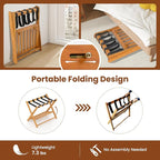Goplus Luggage Rack for Guest Room Set of 4, Folding Suitcase Stand with Storage Shelf, Acacia Wood Frame & 5 Nylon Straps, Fully Assembled 27" Luggage Stand for Bedroom, Hotel, Holds up to 200 LBS