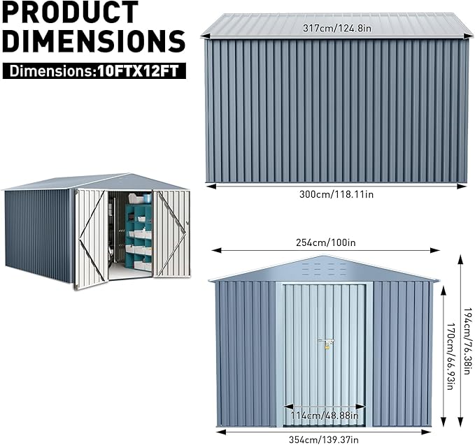 GarveeLife 10x12ft Outdoor Storage Shed, Large Metal Storage Sheds with Sturdy Frame Structure, Metal Garden Tool Shed with Lockable Door for Garden, Lawn, Backyard, Gray