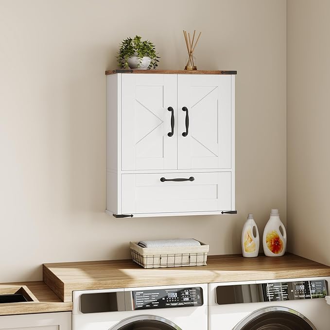 HOOBRO Farmhouse Wall Mounted Cabinet with Adjustable Shelf, Medicine Cabinet with Flip-Down Door, Over The Toilet Bathroom Organizer, for Small Bathroom, Kitchen, White and Walnut